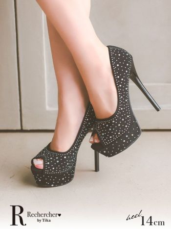 キャバヒール Rechercher ルシェルシェ キラキラストーン オープントゥ パンプス