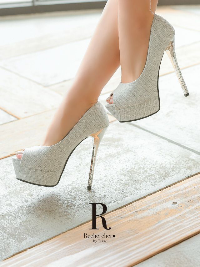 キャバヒール Rechercher ルシェルシェ ラメ ビジュー オープントゥ パンプス