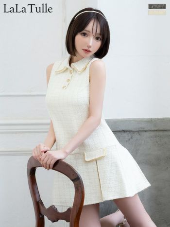 キャバドレス OBEdeFLEURS ローブドフルール ツイード 襟付き フロントボタン ノースリーブ フレアミニドレス