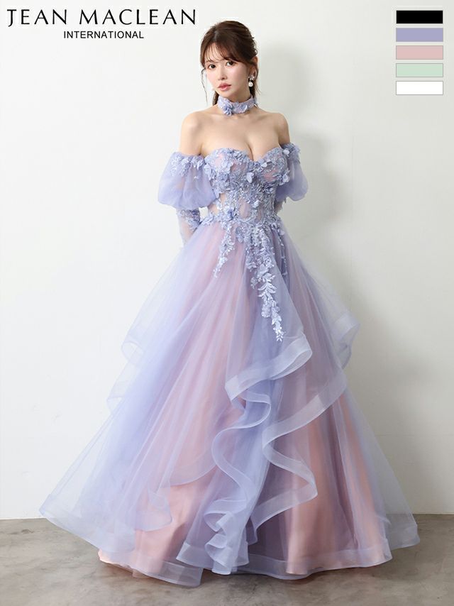 キャバドレス JEANMACLEAN ジャンマクレーン ベアトップ フラワーレース 長袖 パフスリーブ チョーカー付き バースデー Aラインロングドレス