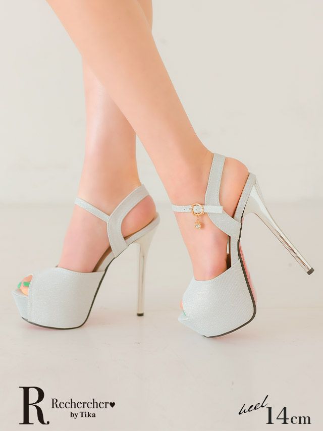 キャバヒール Rechercher ルシェルシェ ラメ ビジューチャーム ストラップ付き オープントゥ サンダル