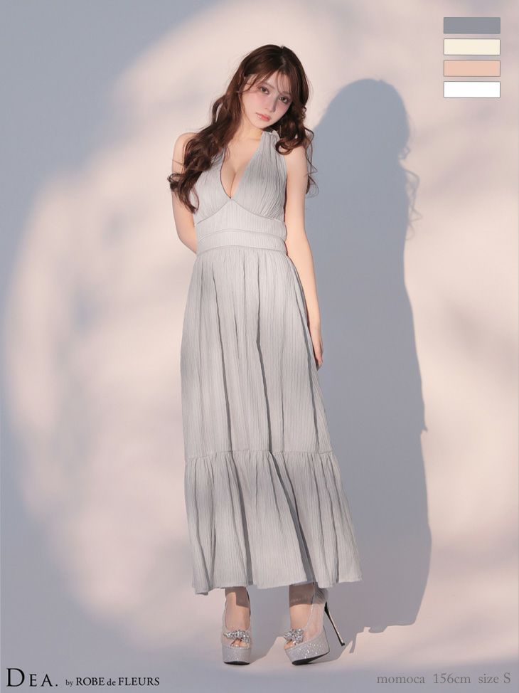キャバドレス DEA. ROBE de FLEURS ディア ローブドフルール ホルターネック プリーツ シフォン ネックリボン Vネック フレアロングドレス