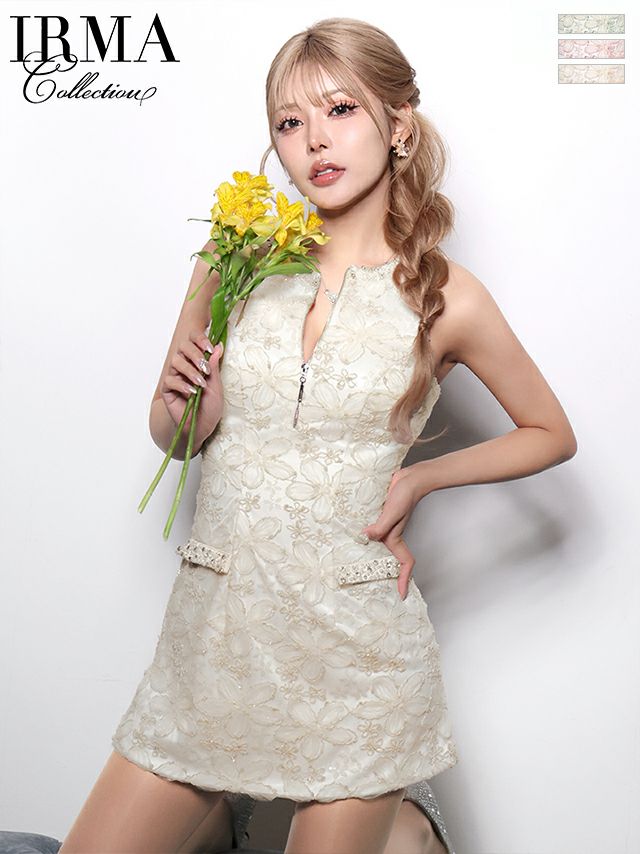 キャバドレス IRMA イルマ ノースリーブ ジップデザイン スパンコール レース 花柄 タイトミニドレス