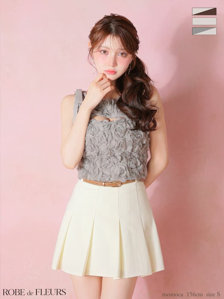 キャバドレス ROBEdeFLEURS ローブドフルール バストカット フラワーレース ウエストベルト セットアップ プリーツスカート ノースリーブ ショルダーリボン フレアミニドレス