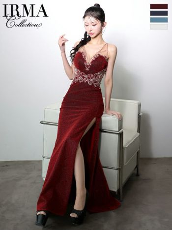 キャバドレス IRMA イルマ ノースリーブ ビジュー ラメニット バースデー バックレースアップ スリット タイトロングドレス