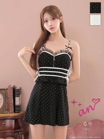 キャバドレス an キャミソール ジップデザイン ドット柄 フリル リボン ライン ビジュー フレアミニドレス