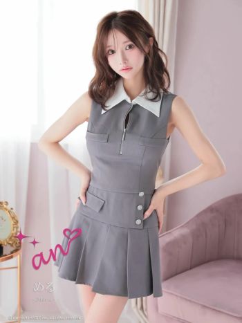 キャバドレス an ノースリーブ セットアップ ジップデザイン 襟付き ポケット ボタン プリーツ フレアミニドレス