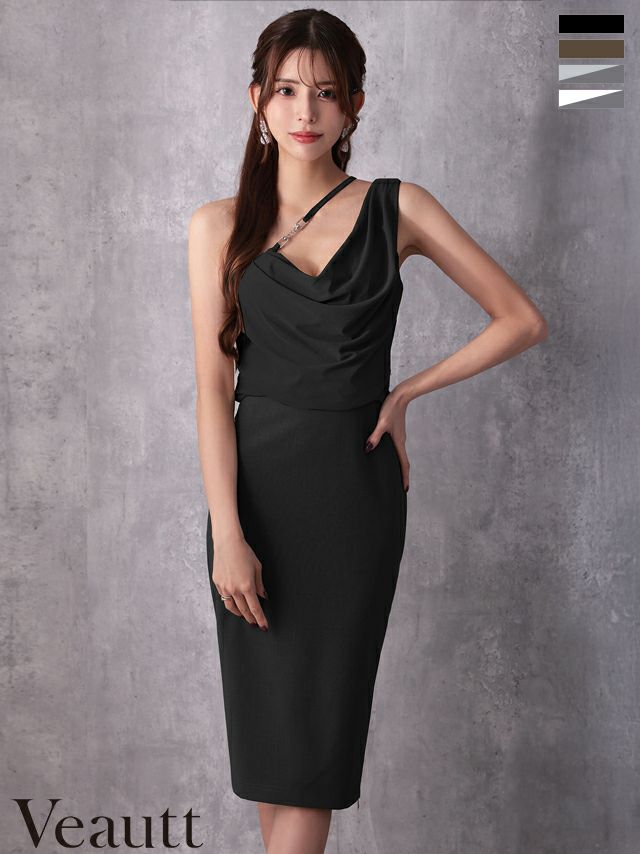 キャバドレス Veautt ヴュート ドレープ チャーム チェーン ジップデザイン バイカラー ワンショルダー アシンメトリー 膝丈ドレス