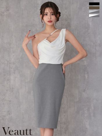 キャバドレス Veautt ヴュート チャーム チェーン ジップデザイン バイカラー ワンショルダー アシンメトリー ドレープ 膝丈ドレス