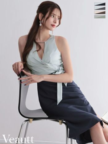 キャバドレス Veautt ヴュート ノースリーブ バストタック チェーン ウエストクロス リボン ジップデザイン バイカラー 膝丈ドレス