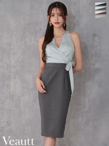 キャバドレス Veautt ヴュート バストタック チェーン ウエストクロス リボン ジップデザイン バイカラー ノースリーブ 膝丈ドレス