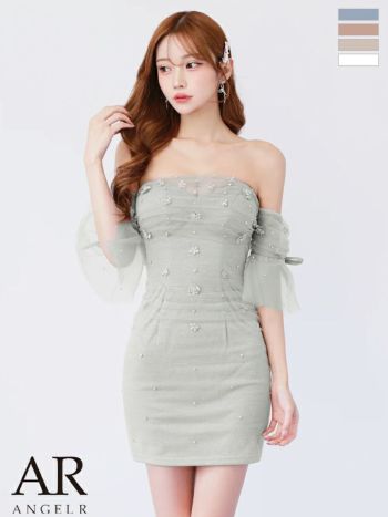キャバドレス Angel R エンジェルアール メッシュ ベアトップ ビジュー オフショル風 フラワー リボン フェミニン シアースリーブ キャミソール タイトミニドレス