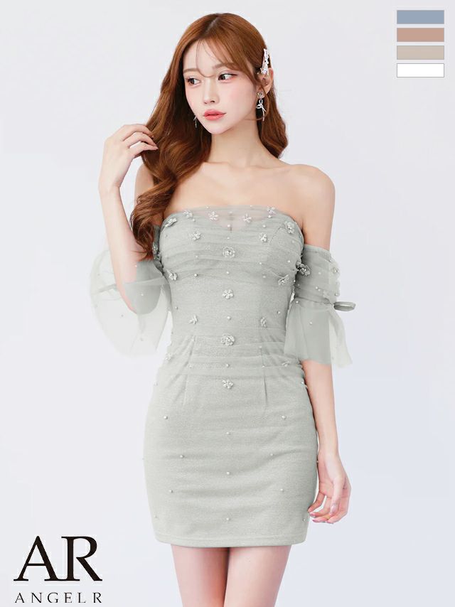 キャバドレス Angel R エンジェルアール メッシュ ベアトップ ビジュー オフショル風 フラワー リボン フェミニン シアースリーブ キャミソール タイトミニドレス