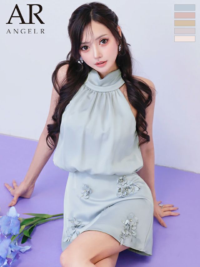 キャバドレス Angel R エンジェルアール ホルターネック リボン ウエストマーク フラワーレース サテン ワンカラー フレアミニドレス
