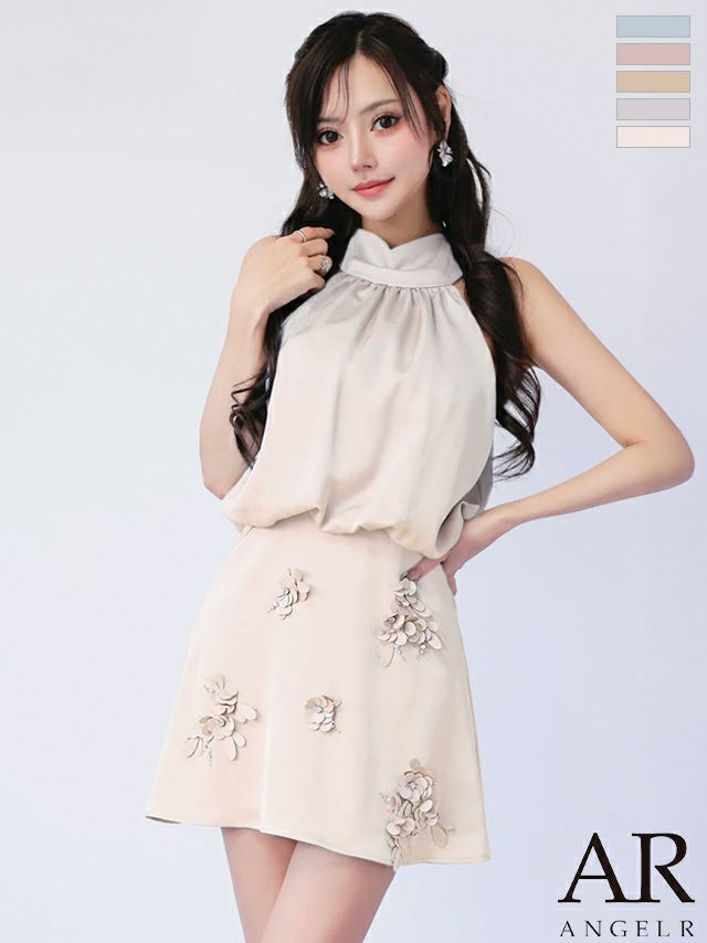 キャバドレス Angel R エンジェルアール リボン ウエストマーク フラワーレース サテン ワンカラー ホルターネック フレアミニドレス