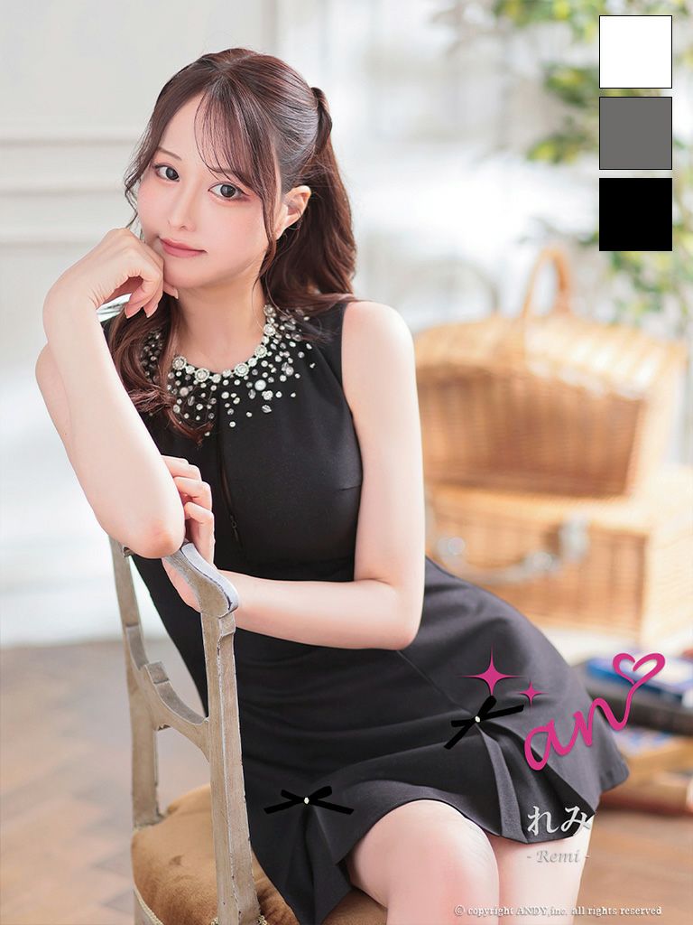 キャバドレス an ノースリーブ ジップデザイン バックカット プリーツ リボン ビジュー フレアミニドレス