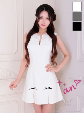 キャバドレス an ジップデザイン ノースリーブ バックカット プリーツ リボン ビジュー フレアミニドレス