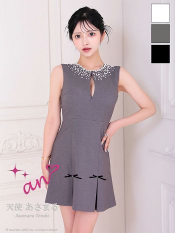 キャバドレス an ジップデザイン バックカット ノースリーブ プリーツ リボン ビジュー フレアミニドレス