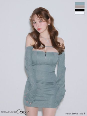 キャバドレス Glossy ROBE de FLEURS グロッシー ローブドフルール ラメニット 3way キャミソール ベア ボレロ ジップデザイン 長袖　タイトミニドレス