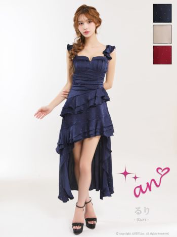 キャバドレス an キャミソール ベアトップ 2way ジップデザイン ビジュー ドット柄 フリル ティアード タック ロングテールドレス