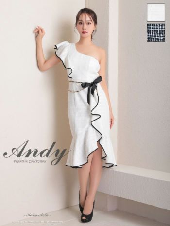 キャバドレス Andy ワンショルダー チェック柄 ツイード フリル ウエストリボン チェーン タイト 膝丈ドレス