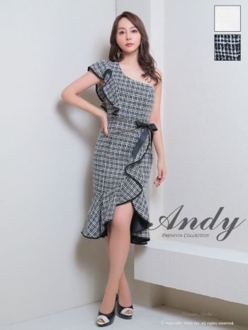 キャバドレス Andy チェック柄 ワンショルダー ツイード フリル ウエストリボン チェーン タイト 膝丈ドレス