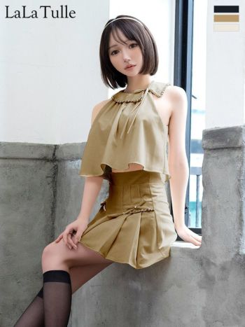 キャバドレス Angel R エンジェルアール セットアップ 襟付き ノースリーブ プリーツスカート リボン ポケット チェーン フレアミニドレス