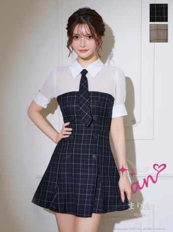 キャバドレス an 半袖 チェック柄 シースルー シャツ風 襟デザイン ボタン ネクタイ フレアミニドレス