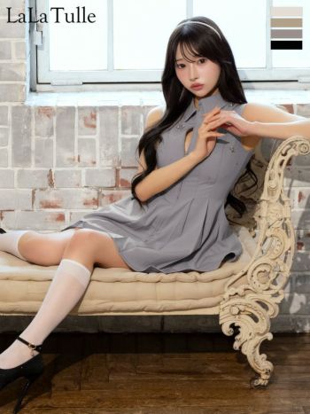 キャバドレス ROBEdeFLEURS ローブドフルール プリーツスカート ジップデザイン クラシカル ノースリーブ 襟付き フレアミニドレス