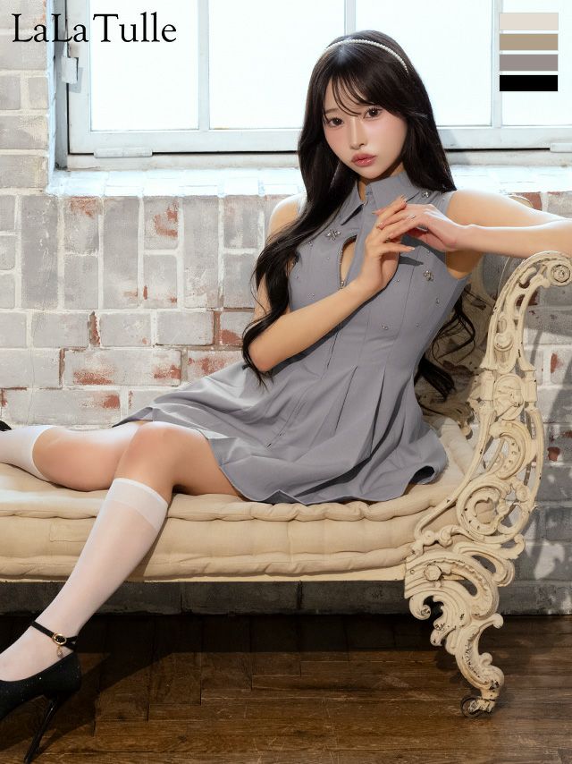 キャバドレス ROBEdeFLEURS ローブドフルール プリーツスカート ジップデザイン クラシカル ノースリーブ 襟付き フレアミニドレス